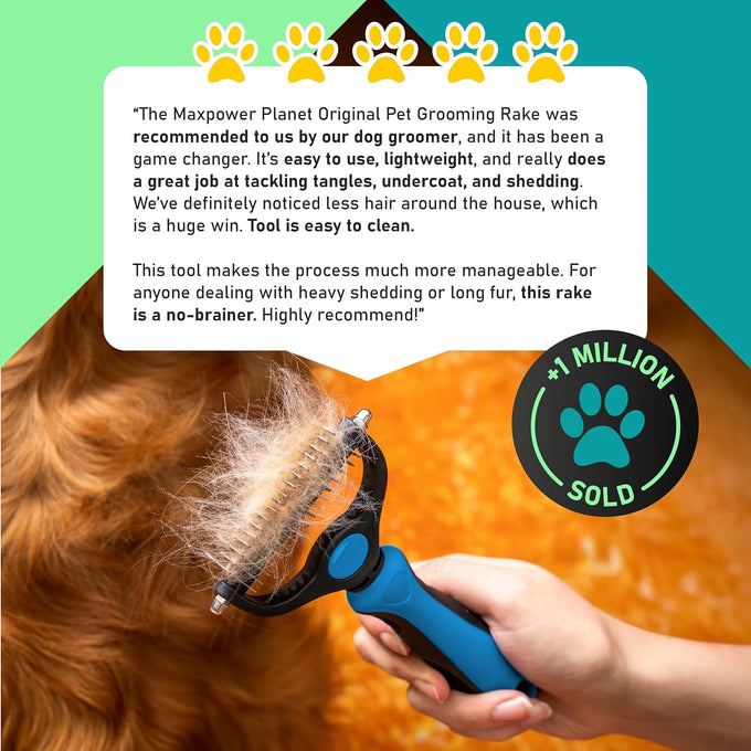 Maxpower planet original pet grooming rake - dual-sided deshedding dematting tool with extra-wide dog grooming brush for long hair, reduces shedding 95%