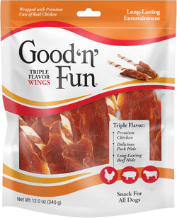 Good 'n' Fun Triple Flavor Wings Chews for All Dogs, 12 Ounces, Chicken, Pork Hide, and Beef Hide