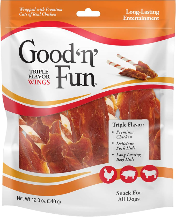 Good 'n' Fun Triple Flavor Wings Chews for All Dogs, 12 Ounces, Chicken, Pork Hide, and Beef Hide
