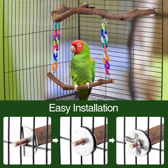 Grape Wood Bird Swing Toy for Small to Medium Sized Birds, U Shape Hangable with Chains, Natural Perch for Budgerigars, Parakeets