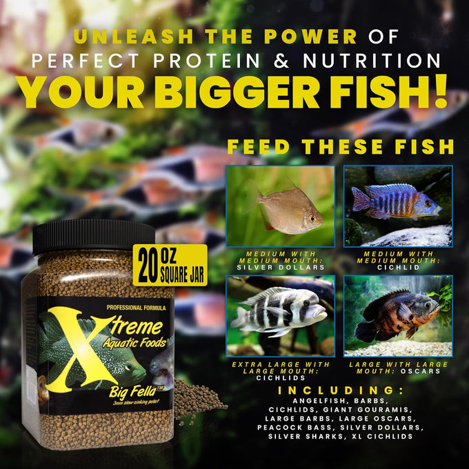 xTreme Big Fella 3.0mm Pellets: Professional Nutrition for Medium to Large Cichlids and Community Fish - USA Farm Grown Pellet Food (20oz)