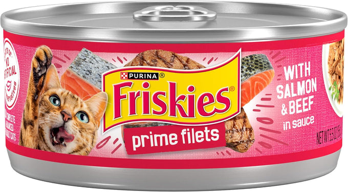 Purina friskies prime filets with salmon and beef in sauce high protein wet cat food (pack of 24) 5.5 oz cans