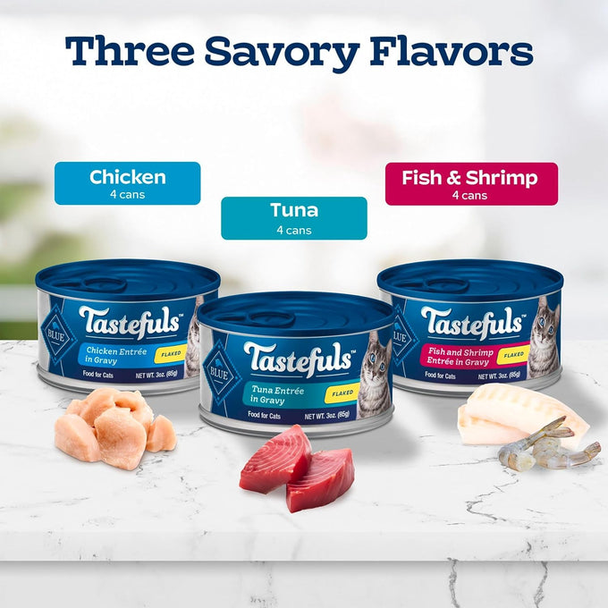 blue buffalo tastefuls flaked wet cat food variety pack, real meat, tuna, chicken, fish & shrimp, 12 count, 4 of each