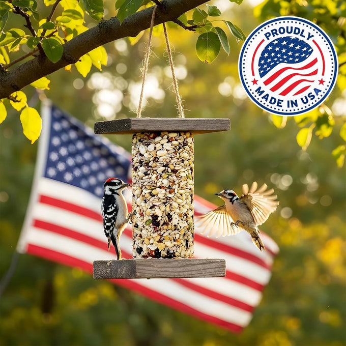 Woodpecker bird seed cylinders with hole – premium woodpecker food blend, USA made, 4" x 7.75"