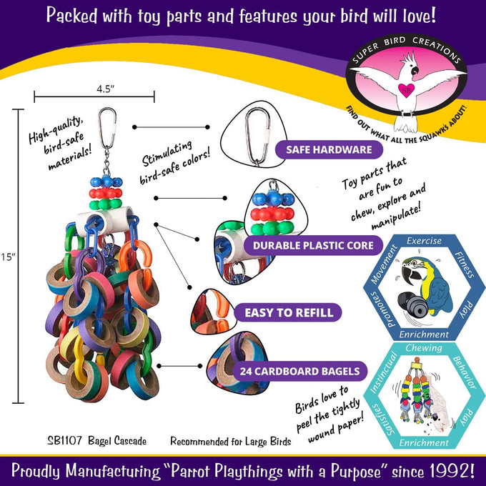 Super Bird Creations SB1107 Bagel Cascade Bird Toy, Large, Refillable Bagels for Amazon, African Grey, and Other Parrots