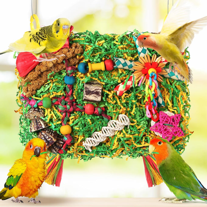 large-sized parrot foraging & shredding cage hanging toys for budgies, cockatiels, lovebirds, conures with eco-friendly seagrass and starfruit accents