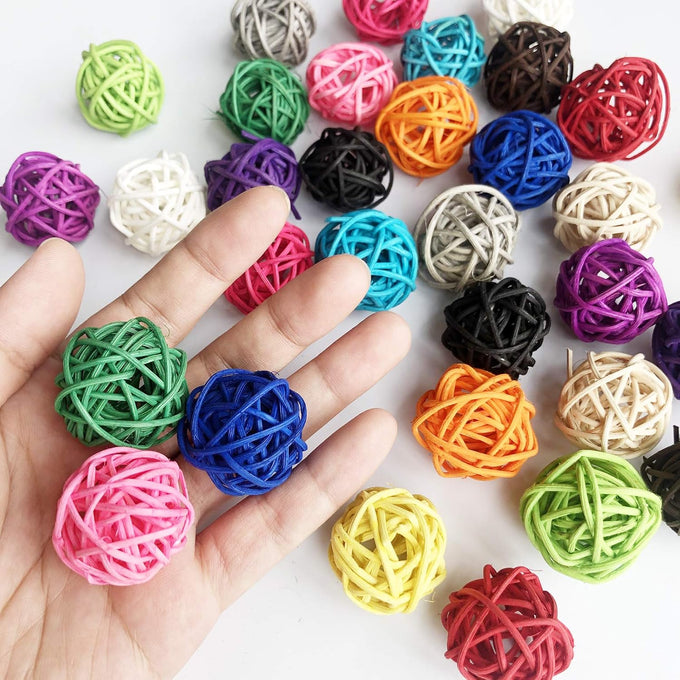 benvo 1.2 inch multi-colored rattan ball set, 32 pack, parrot, budgie, hamster, vase filler, craft