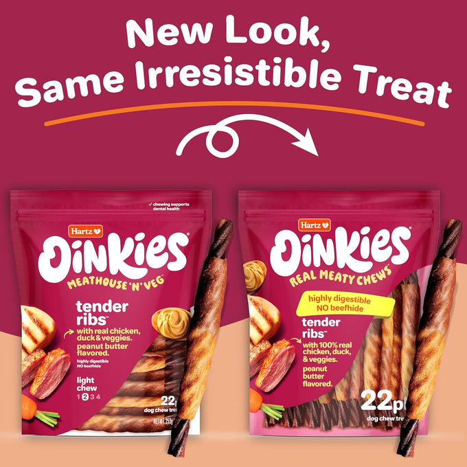 Hartz Oinkies tender ribs with real chicken and duck, peanut butter flavored dog treats, 22 count, rawhide-free, highly digestible