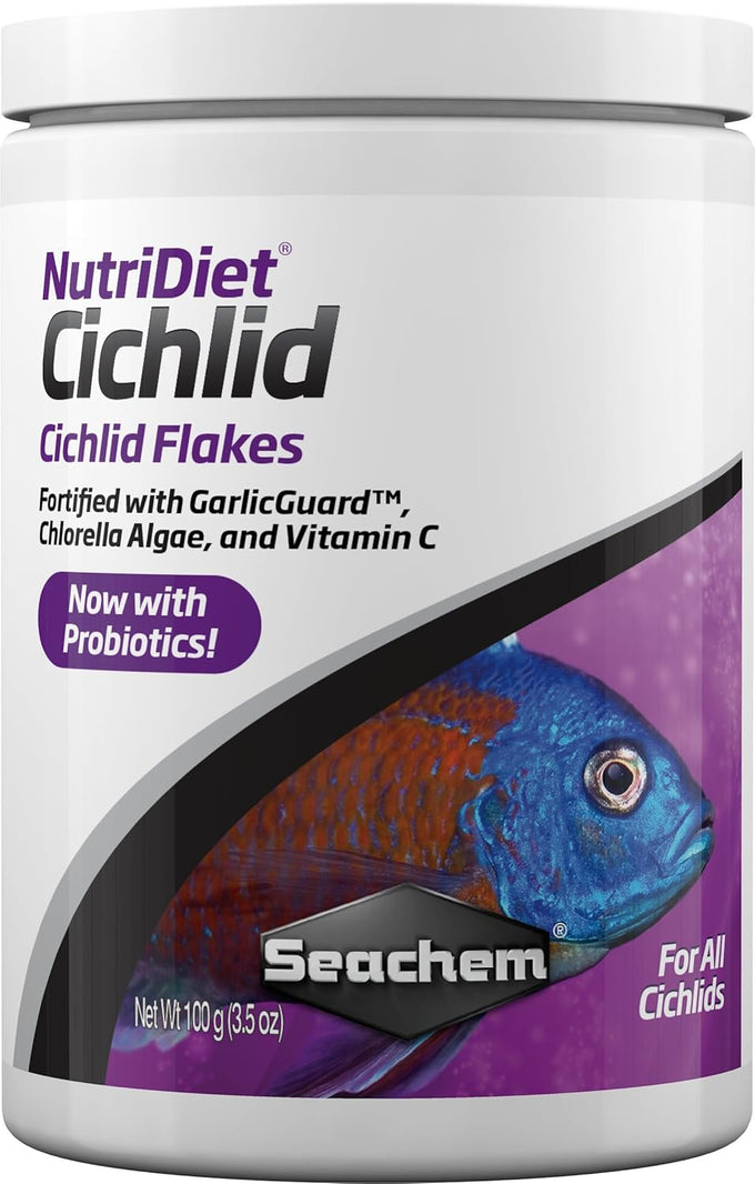 Seachem NutriDiet Cichlid Fish Flakes, Probiotic Formula with GarlicGuard, 100g, Color-Enhancing Diet for Aquarium Fish
