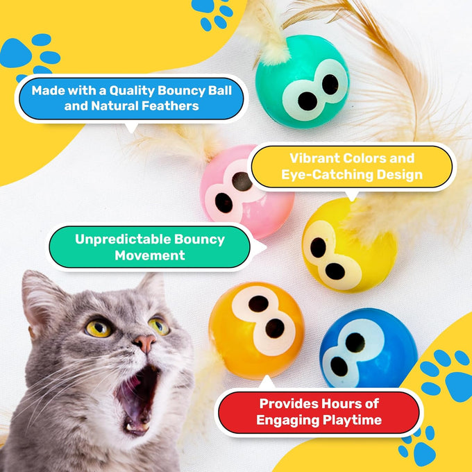 Bouncy Tails 5 Pack Natural Feather Bouncy Ball for Indoor Cats and Kittens Play Toy Set