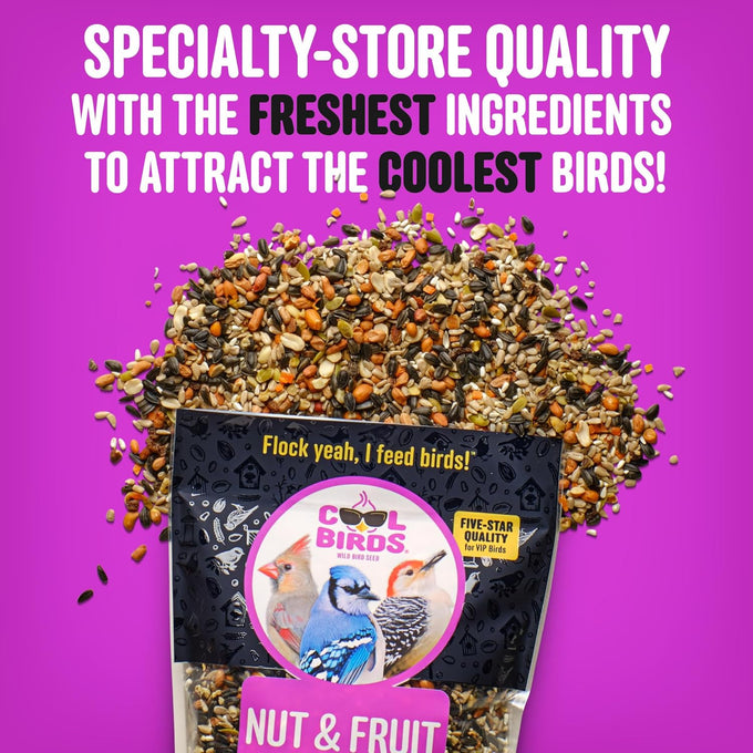Cool Birds 10 lb. Gourmet Bird Seed with Sunflower Hearts, Peanuts & Real Fruit for Outside Feeders
