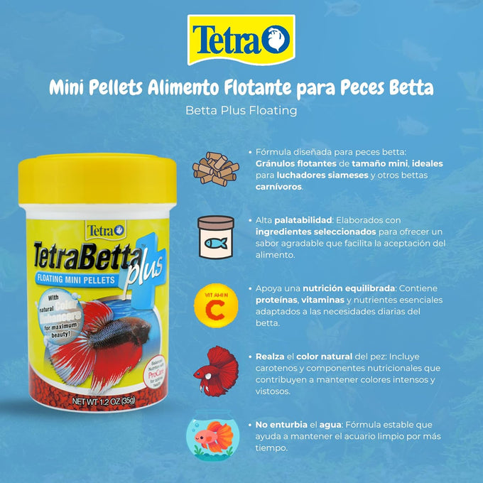 TetraBetta PLUS Floating Mini Pellets, nutritionally balanced diet for betta fish and top-water feeders, 1.2 ounces