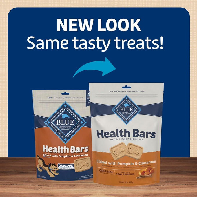blue buffalo health bars crunchy dog biscuits, oven-baked, pumpkin, cinnamon, 16-oz bag
