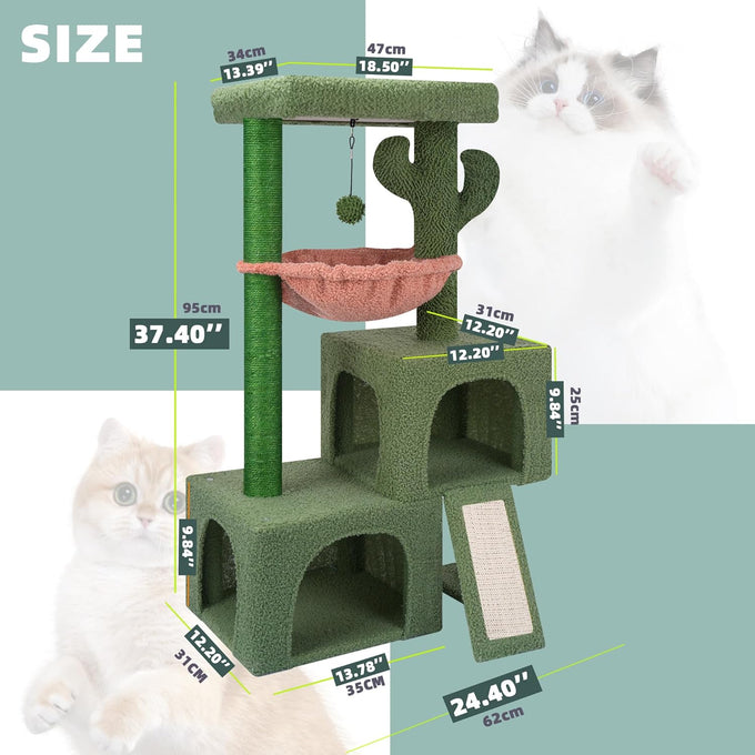ROYPET green cactus cat tree tower for indoor cats with condos, scratching post, hammock and toy balls