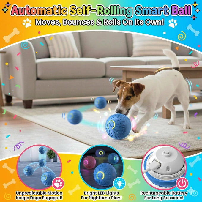 Interactive Self-Rolling Dog Toy Play Set for Puppies & Small-Medium Dogs - Includes Smart Ball, Rubber Bone & Plush Dinosaur