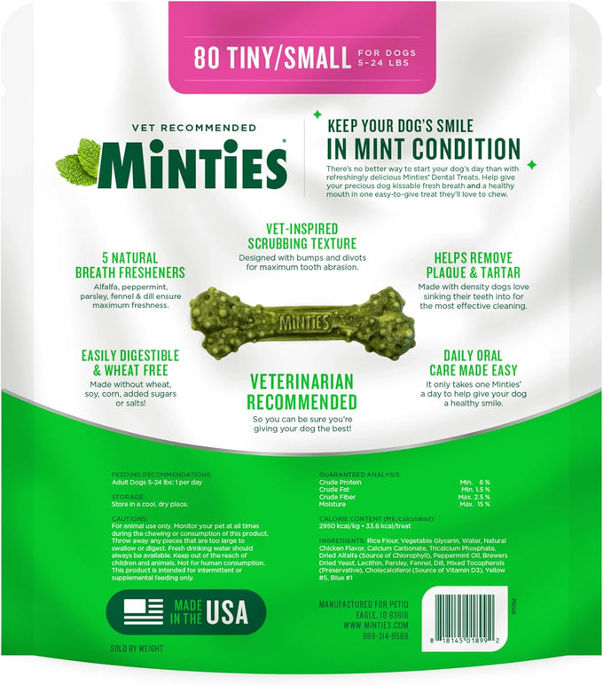 Vet-recommended minties dog dental bone treats, tiny/small dental dog treats for clean teeth and fresh breath, 80 count