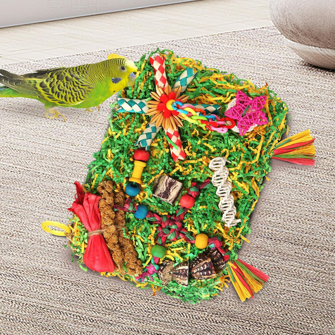 large-sized parrot foraging & shredding cage hanging toys for budgies, cockatiels, lovebirds, conures with eco-friendly seagrass and starfruit accents
