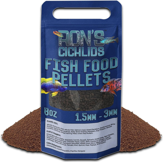 Ron's Mbuna Blend African Cichlid Fish Food, premium tropical fish food pellets for vibrant coloration and robust growth, 8 oz