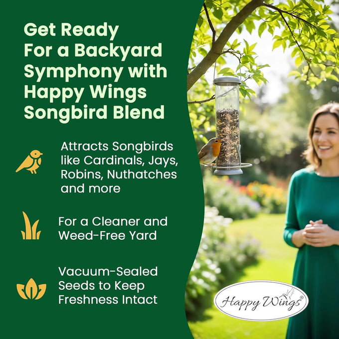 Happy Wings 5lb No Grow Songbird Bird Seed Mix with Sunflower, Safflower & Peanuts for Outside Feeders