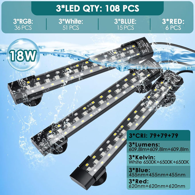 hygger 24/7 Full Spectrum Aquarium LED Light with Synchronized Control, Adjustable Timer, Brightness, and Colors, 3-Row Beads, IP68 Waterproof