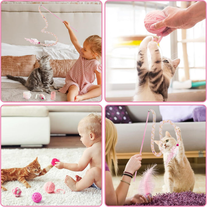 mallmall6 10pcs cat toy set interactive cat toys pack feather teaser wand cat springs mice crinkle balls pink