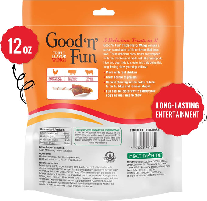 Good 'n' Fun Triple Flavor Wings Chews for All Dogs, 12 Ounces, Chicken, Pork Hide, and Beef Hide