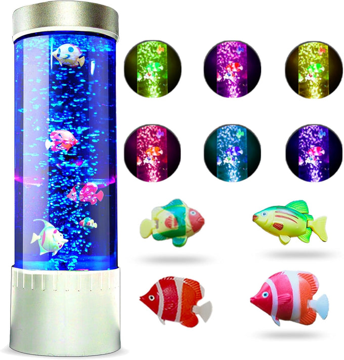 Brewish 7 Color Changing Fake Aquarium Night Light Desktop Lamp with Moving Fishes, 13.5 inches height, Clear Acrylic Tank