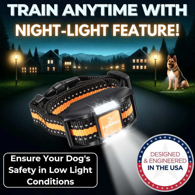 pawpro dog shock collar with remote, 4-mile range, night-light mode, 124 training levels, beeps, vibrations, waterproof rechargeable