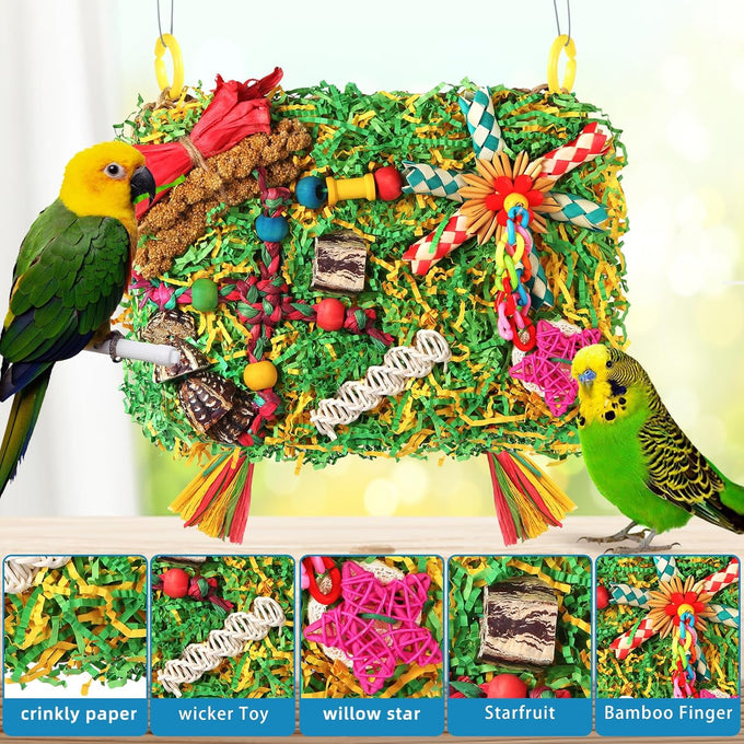 large-sized parrot foraging & shredding cage hanging toys for budgies, cockatiels, lovebirds, conures with eco-friendly seagrass and starfruit accents
