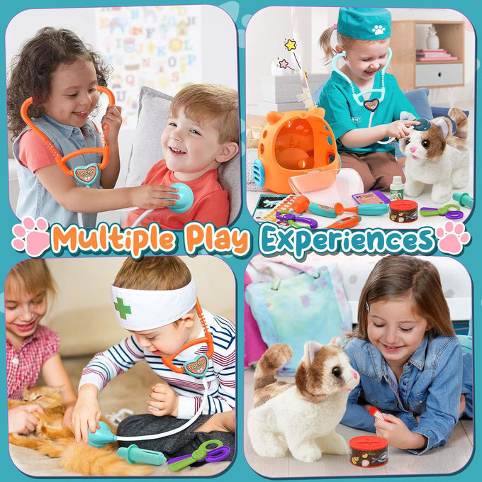 TUZT 17PCS Interactive Electric Cat Veterinarian Playset for Kids Birthday Gifts