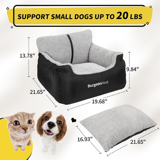 BurgeonNest dog car seat for small dogs, under 25 lbs, black, soft pet car travel home bed with storage