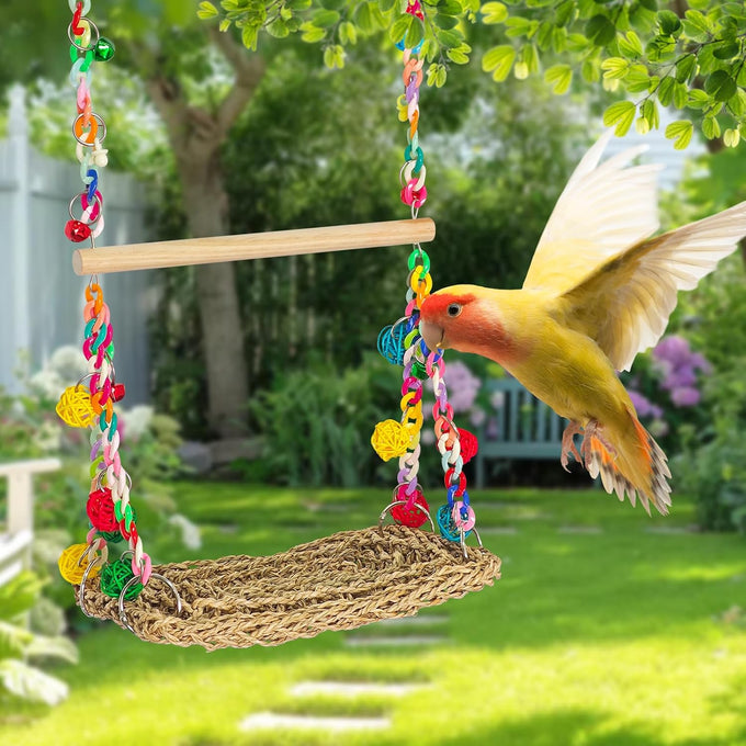 Natural Bird Swing Toys with Wood Perch for Parakeets, Budgies, Conures, Cockatiels, Lovebirds