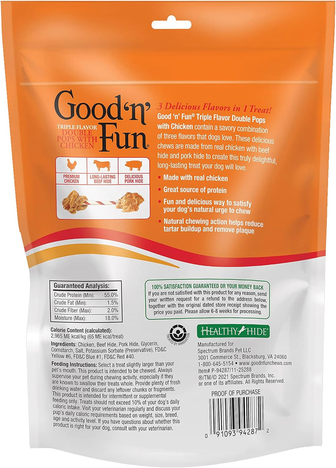 Good 'n' Fun, Triple Flavor Double Pops with Chicken Dog Snacks, Gourmet, Long-Lasting, 5.5 Ounces