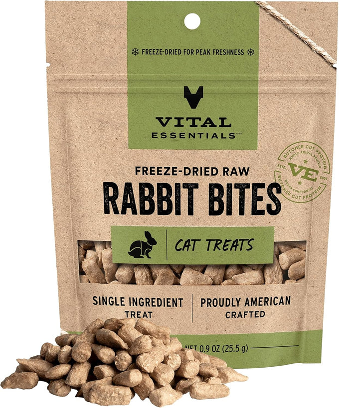 Vital Essentials freeze-dried rabbit cat treats, single protein, grain free, crunchy, 0.9 oz bag, premium quality