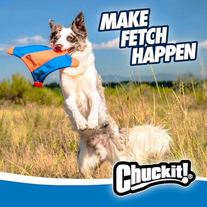 Chuckit! medium flying squirrel fetch dog toy - 9.5-inch diameter - water floating polyester canvas - orange and blue