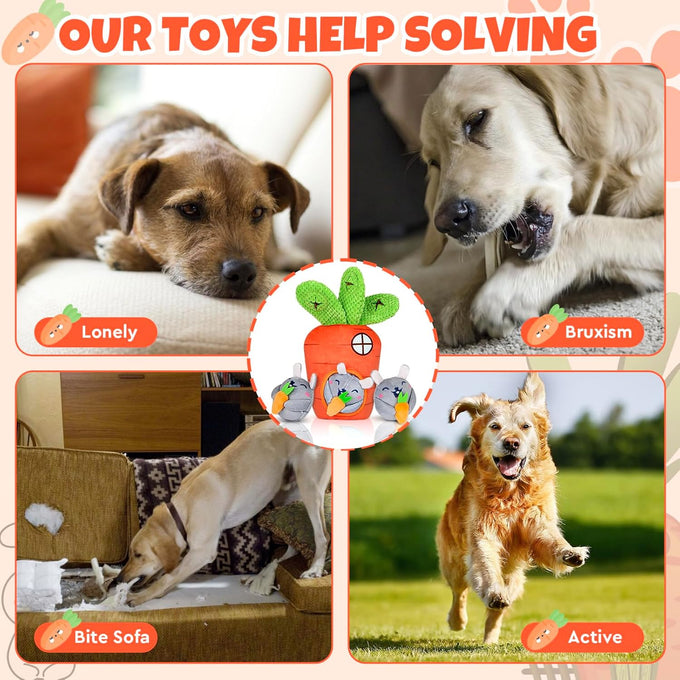 Carrot and Bunny Squeaky Dog Puzzle Toy Set, 4 Pack, Interactive Dog Toys for Small Medium Dogs, Training and Cleaning