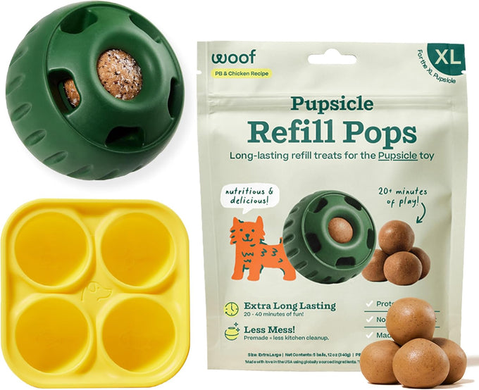woof starter pack interactive dog ball toy for xl pups 75+ lbs chicken-flavored healthy dog treats
