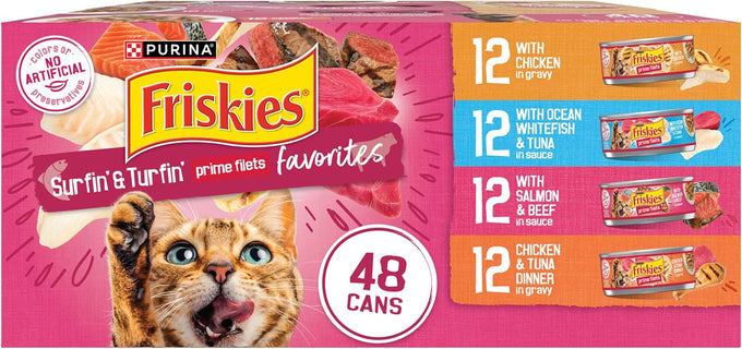 Purina Friskies Gravy Wet Cat Food Variety Pack, Prime Filets Favorites, 48-count Cans, Real Meat, Adult Cats