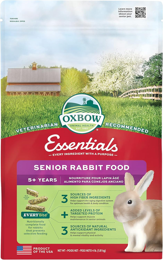 oxbow essentials rabbit food, adult, timothy hay, pet pellets, vitamins, minerals, high fiber, 10 lb bag, usa made