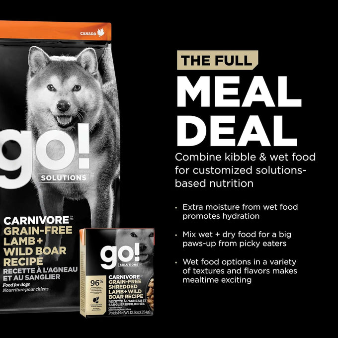 Go! Solutions Carnivore Grain-Free Shredded Lamb + Wild Boar Wet Dog Food
