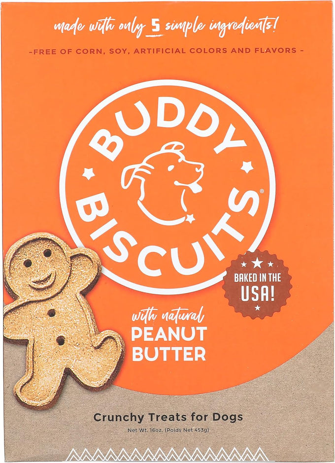 Buddy Biscuits crunchy peanut butter treats for medium to large dogs, 16 oz. box, USA made