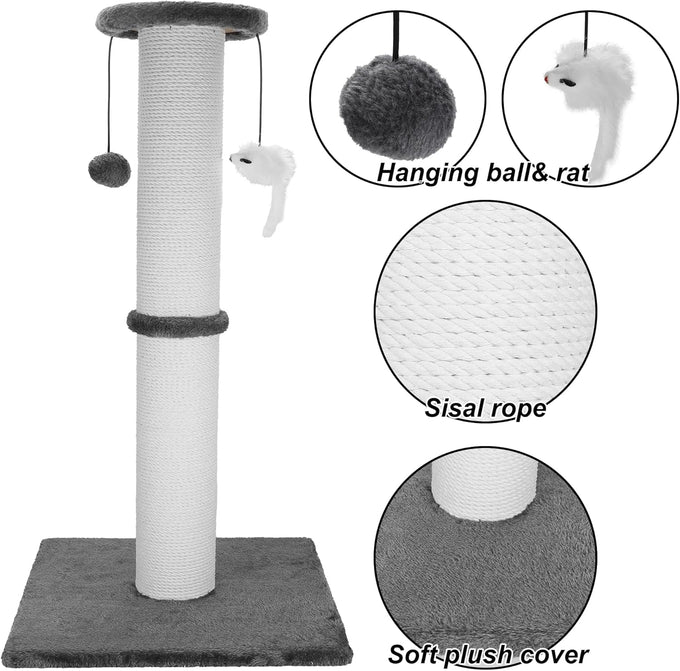 34-Inch heavy-duty grey cat scratching post with cotton rope and hanging ball for indoor cats