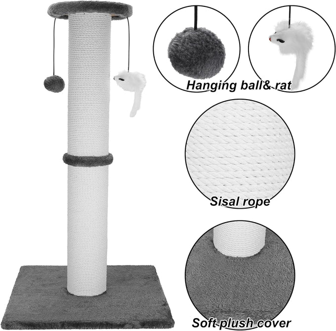 34-Inch heavy-duty grey cat scratching post with cotton rope and hanging ball for indoor cats