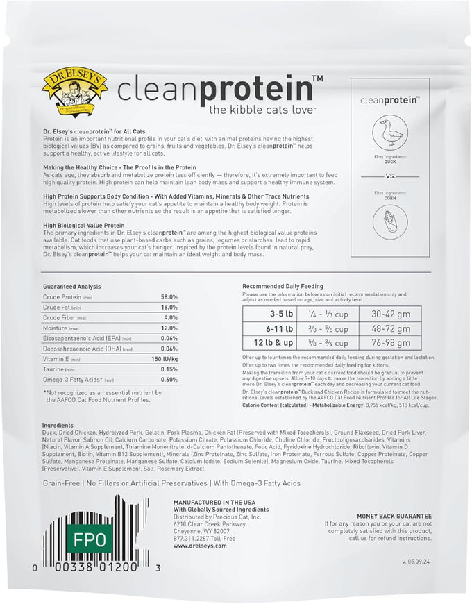 Dr. Elsey's cleanprotein Duck Cat Kibble 2 lb. Bag - High Protein, Grain Free, Gluten Free