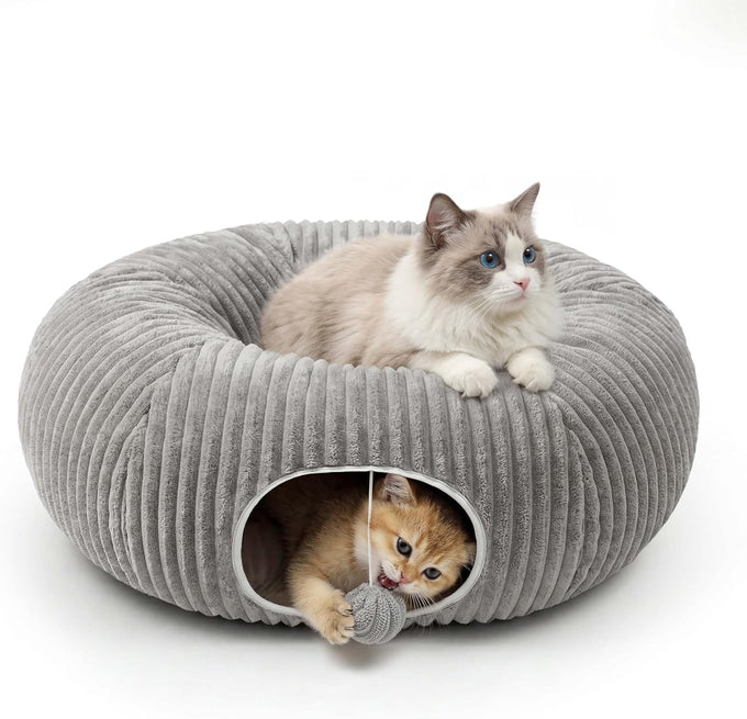 Cat tunnel bed with 40 interactive toys, collapsible play tunnel for indoor kittens, white