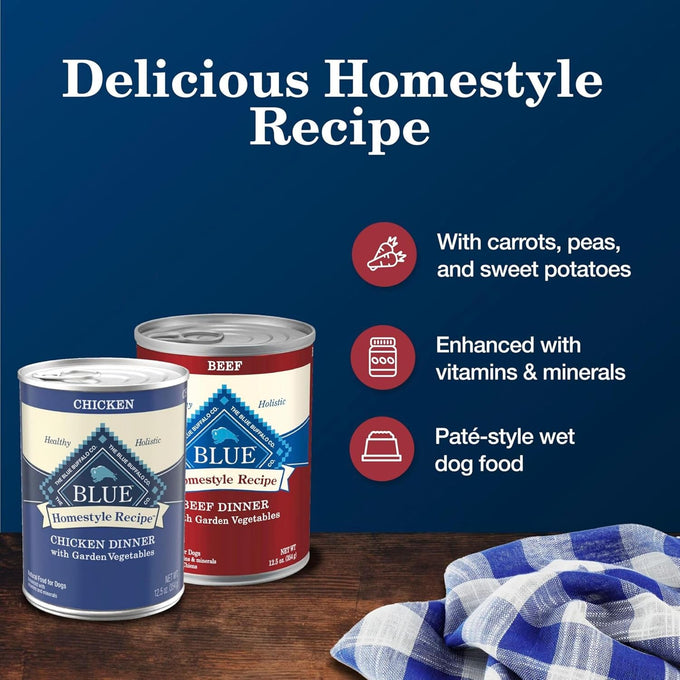 Blue Buffalo Homestyle Recipe Adult Wet Dog Food, 12.5-oz Cans, 6 Count, Chicken and Beef Dinner Variety Pack
