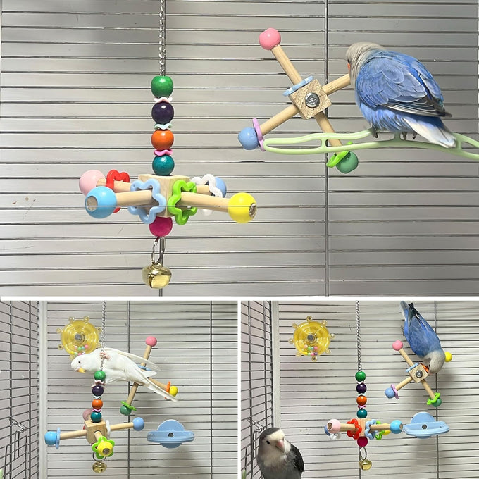 2pcs natural wood parrot toys with bells for small and medium birds, parakeet, cockatiel, conure, lovebird, budgie, quaker