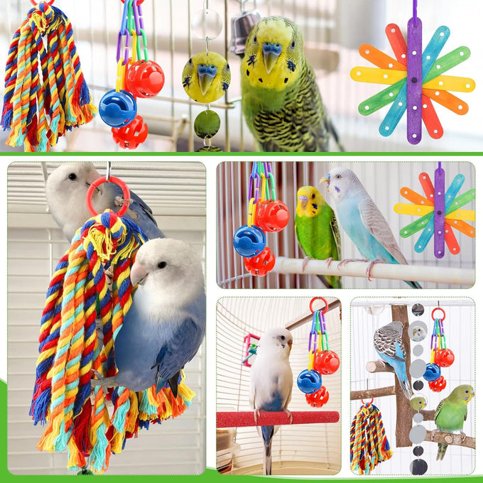 Quozuo small bird toys for parakeets, parrot, cockatiel, 4-piece bird cage accessories set