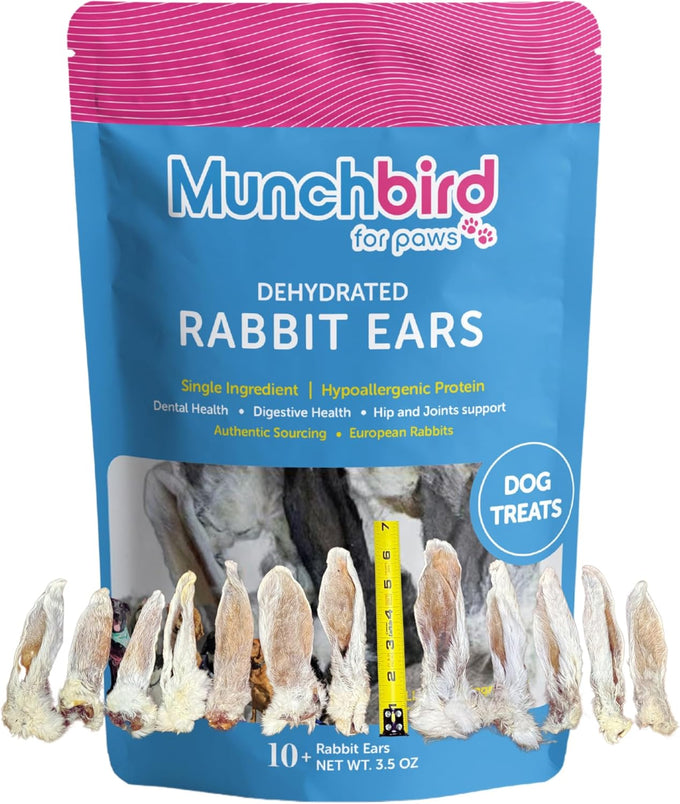 Munchbird Dehydrated Rabbit Ears 100g for Dogs, Natural Fiber, Rawhide Free, European Rabbit Association, France