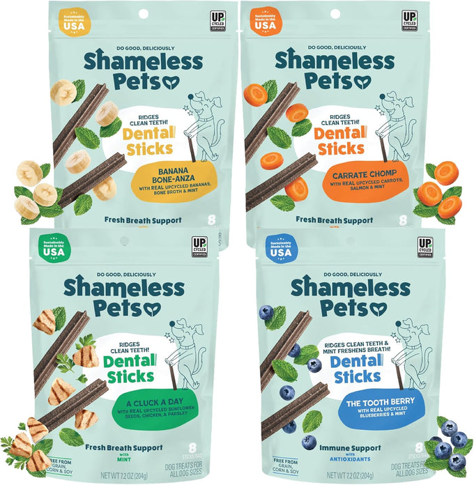 Shameless Pets Blueberry & Mint Dental Chews for Dogs, 32-piece Grain-Free Dental Sticks with Fresh Breath Benefits